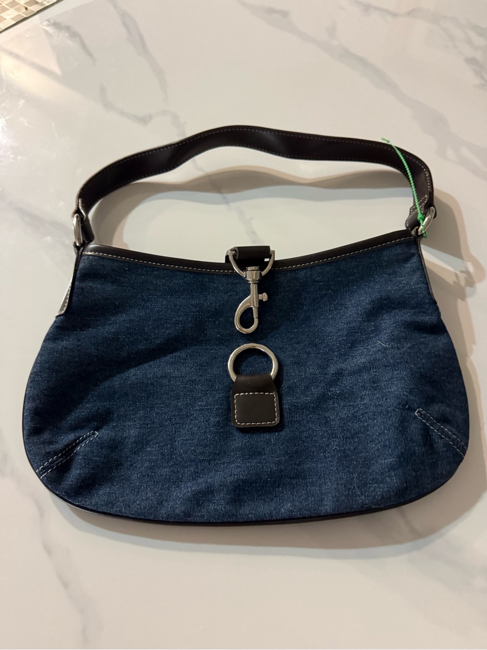 Denim Shoulder Bag with Dark Brown Trim